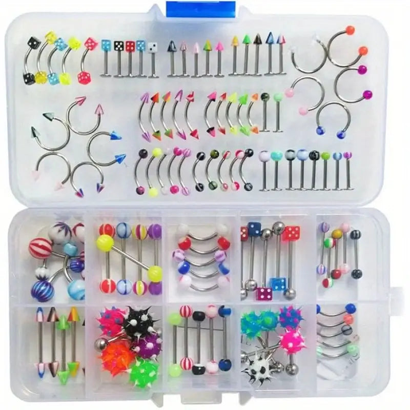 $5 Low - Assorted 20 pcs Body Jewelry Set- Mixed Styles Including Eyebrow, Navel, Belly, Lip, Tongue, Nose Piercings, Bar Rings, Labret Barbells, Studs, and Tunnels. Ideal for all your piercing needs.