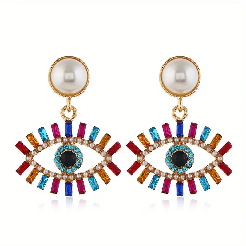 $5 and Low - 18K Gold Plated Boho Earrings Vintage Rhinestone Inlaid Devil's Eye Dangle Earrings