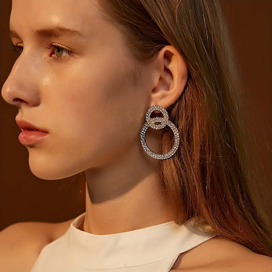 $5 and Low - Double-Book Circle Design Full Shiny Rhinestone Earrings