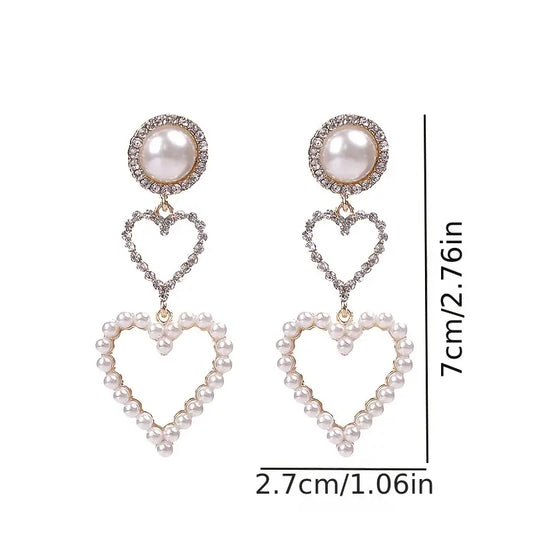 $5 and Low Jewelry and Accessories - Double Heart Inlaid Rhinestone Faux Pearl Stud Drop