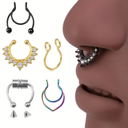 $5 Low - Mixed False Nose Ring Set (5) pcs, False Nose Ring Stainless Steel Nasal Septum Ear Accessories, Fashionable Spiral Style Without Perforation