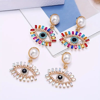 $5 and Low - 18K Gold Plated Boho Earrings Vintage Rhinestone Inlaid Devil's Eye Dangle Earrings