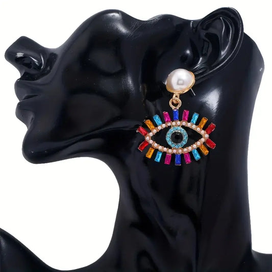 $5 and Low - 18K Gold Plated Boho Earrings Vintage Rhinestone Inlaid Devil's Eye Dangle Earrings