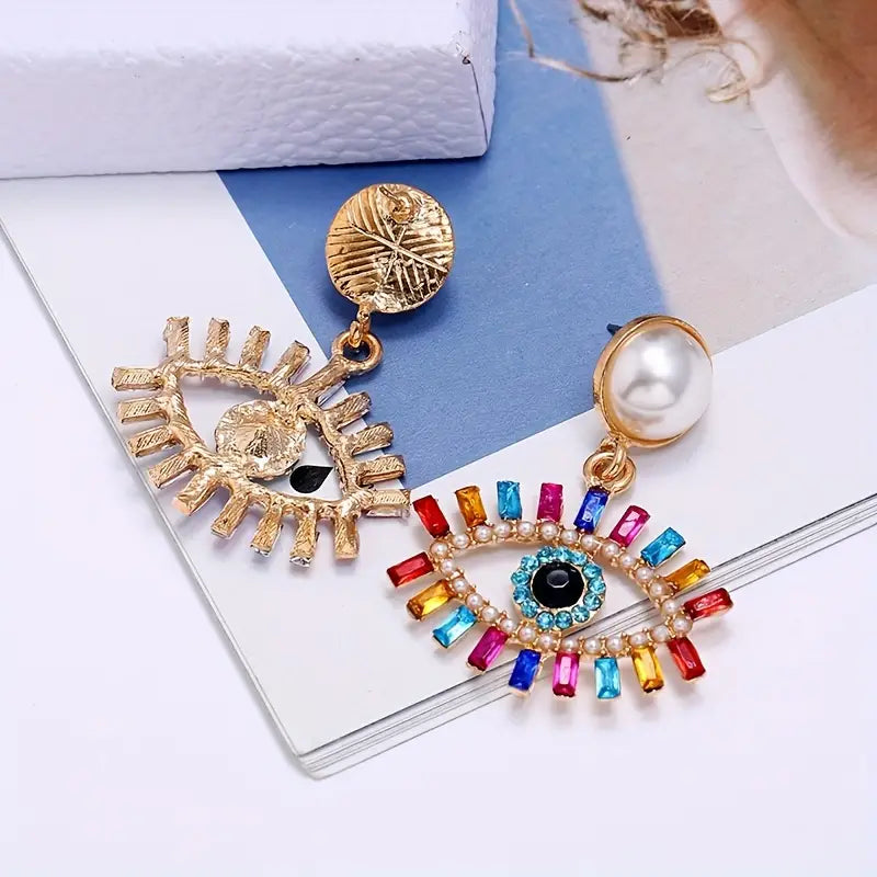 $5 and Low - 18K Gold Plated Boho Earrings Vintage Rhinestone Inlaid Devil's Eye Dangle Earrings