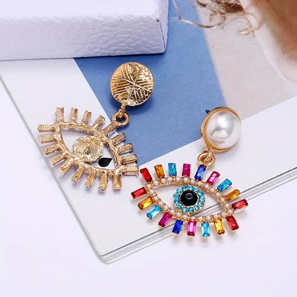$5 and Low - 18K Gold Plated Boho Earrings Vintage Rhinestone Inlaid Devil's Eye Dangle Earrings