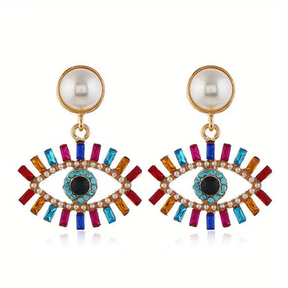 $5 and Low - 18K Gold Plated Boho Earrings Vintage Rhinestone Inlaid Devil's Eye Dangle Earrings