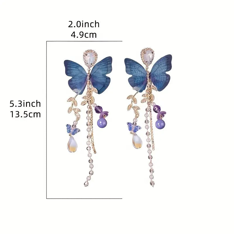 $5 and Low  - Fairy Style Long Faux Pearl Tassel Butterfly Twig Design Dangle Earrings