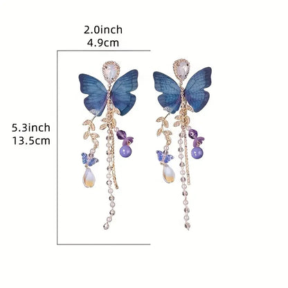 $5 and Low  - Fairy Style Long Faux Pearl Tassel Butterfly Twig Design Dangle Earrings