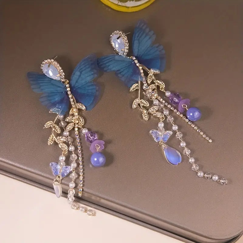 $5 and Low  - Fairy Style Long Faux Pearl Tassel Butterfly Twig Design Dangle Earrings