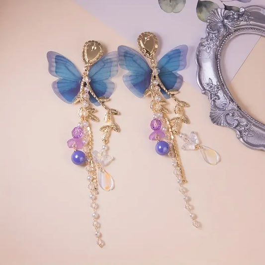$5 and Low  - Fairy Style Long Faux Pearl Tassel Butterfly Twig Design Dangle Earrings