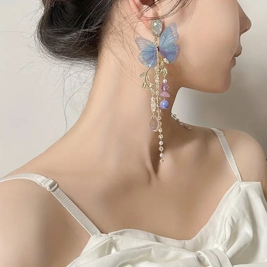$5 and Low  - Fairy Style Long Faux Pearl Tassel Butterfly Twig Design Dangle Earrings