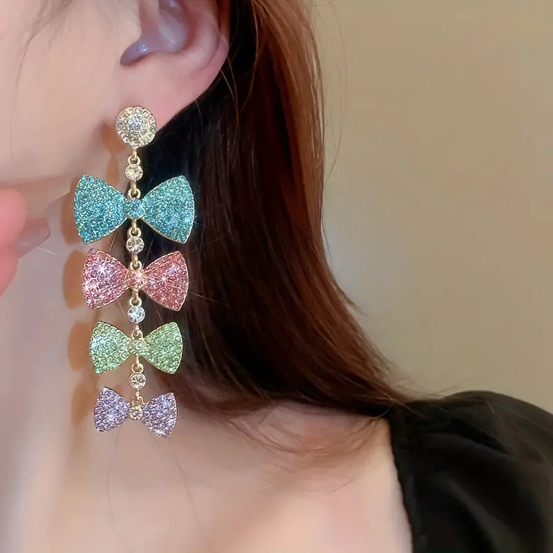 $5 and Low - Colorful Bowknot Design Full Shiny Rhinestone Decor Long Dangle Earrings