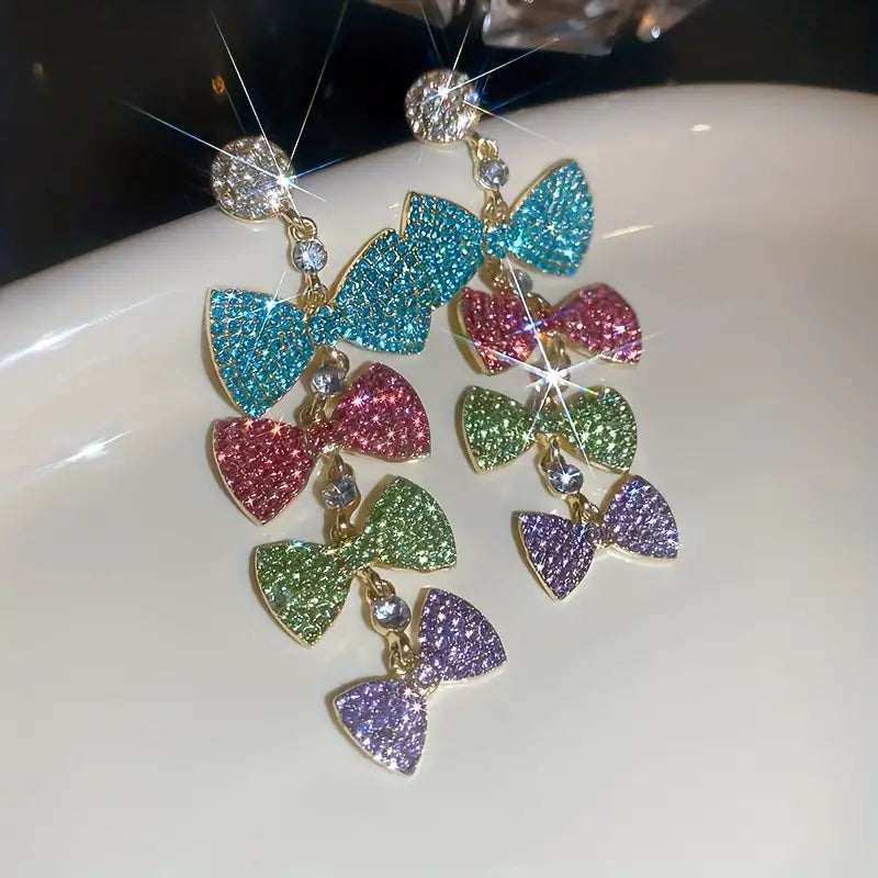 $5 and Low - Colorful Bowknot Design Full Shiny Rhinestone Decor Long Dangle Earrings