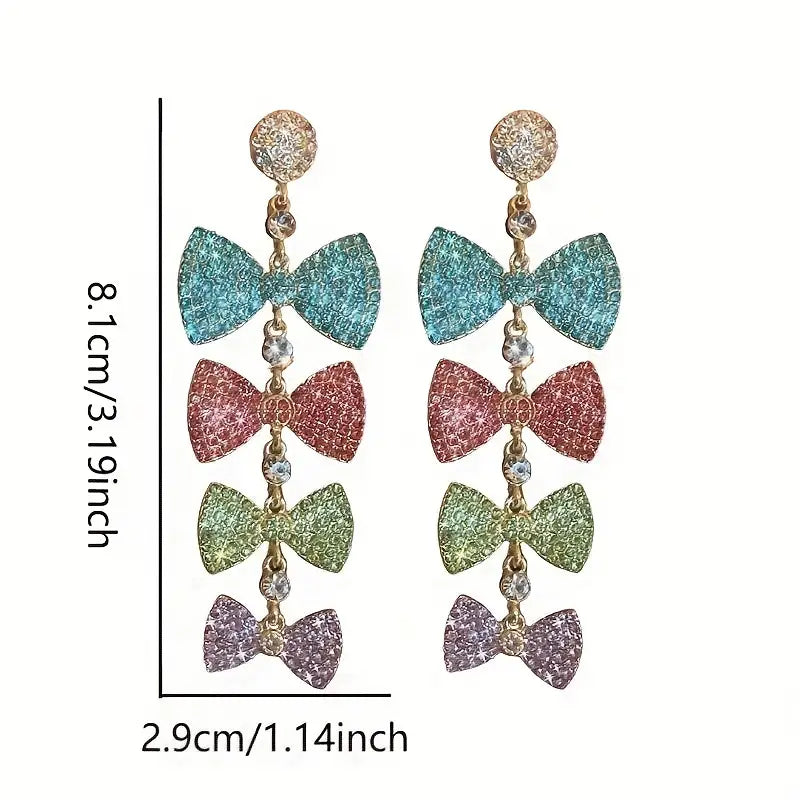 $5 and Low - Colorful Bowknot Design Full Shiny Rhinestone Decor Long Dangle Earrings