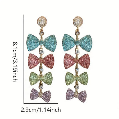$5 and Low - Colorful Bowknot Design Full Shiny Rhinestone Decor Long Dangle Earrings