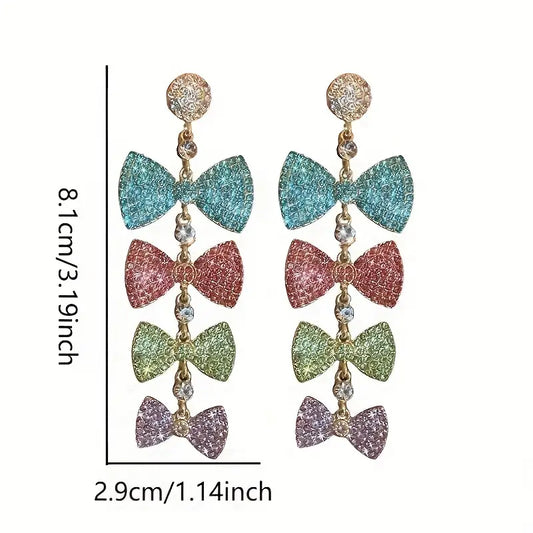 $5 and Low - Colorful Bowknot Design Full Shiny Rhinestone Decor Long Dangle Earrings