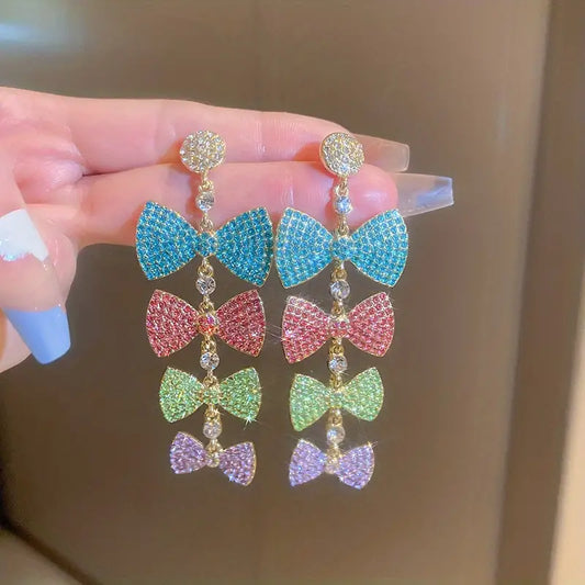 $5 and Low - Colorful Bowknot Design Full Shiny Rhinestone Decor Long Dangle Earrings