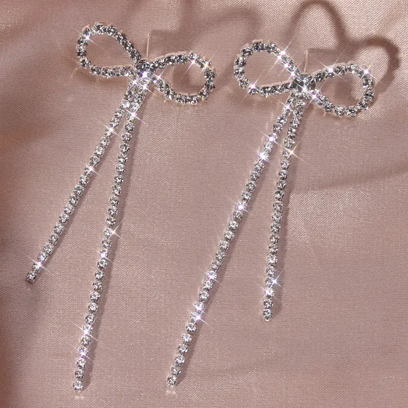 $5 and Low - Delicate Bowknot Rhinestones Long Tassel Earrings