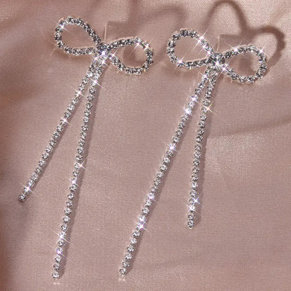 $5 and Low - Delicate Bowknot Rhinestones Long Tassel Earrings