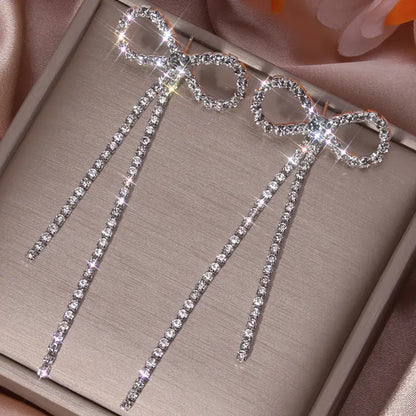 $5 and Low - Delicate Bowknot Rhinestones Long Tassel Earrings