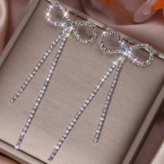 $5 and Low - Delicate Bowknot Rhinestones Long Tassel Earrings