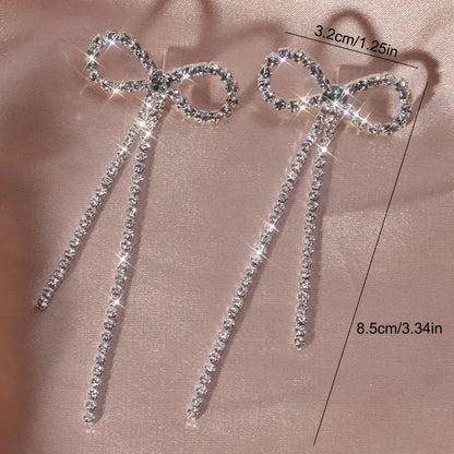 $5 and Low - Delicate Bowknot Rhinestones Long Tassel Earrings