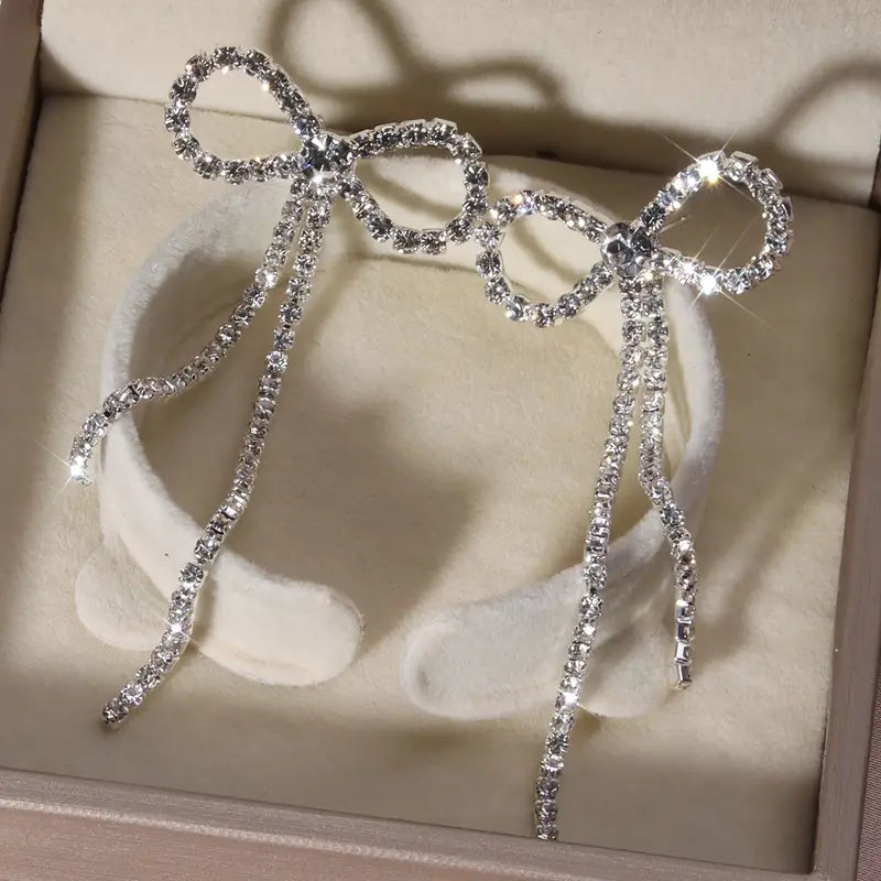 $5 and Low - Delicate Bowknot Rhinestones Long Tassel Earrings