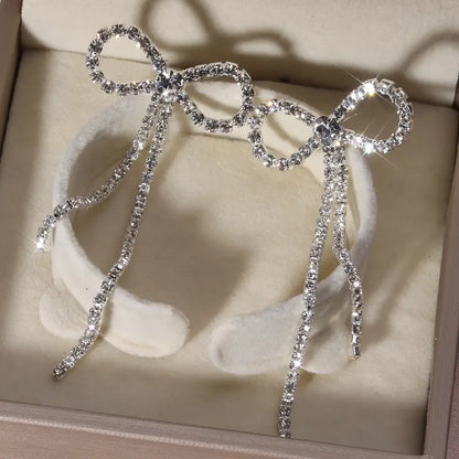$5 and Low - Delicate Bowknot Rhinestones Long Tassel Earrings