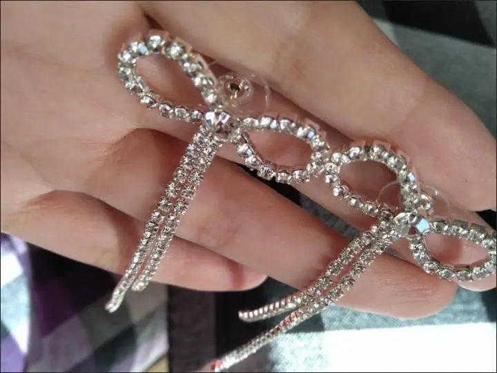 $5 and Low - Delicate Bowknot Rhinestones Long Tassel Earrings