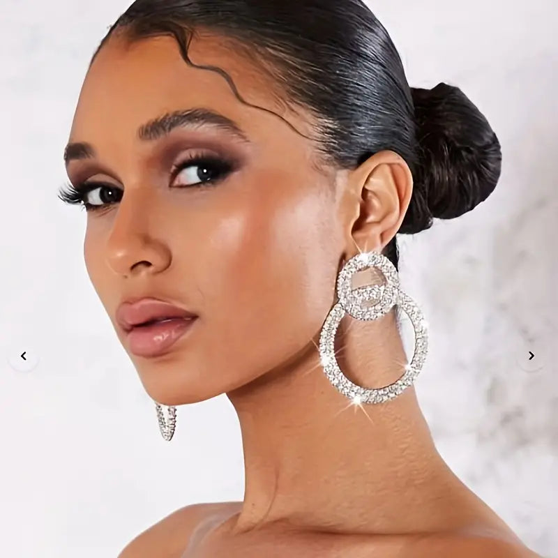 $5  and Low - Double-Book Circle Design Full Shiny Rhinestone Earrings