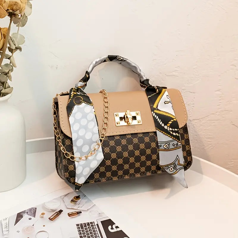 $5 and Low - Geometric Pattern Handbag, Scarf Decor Crossbody Bag