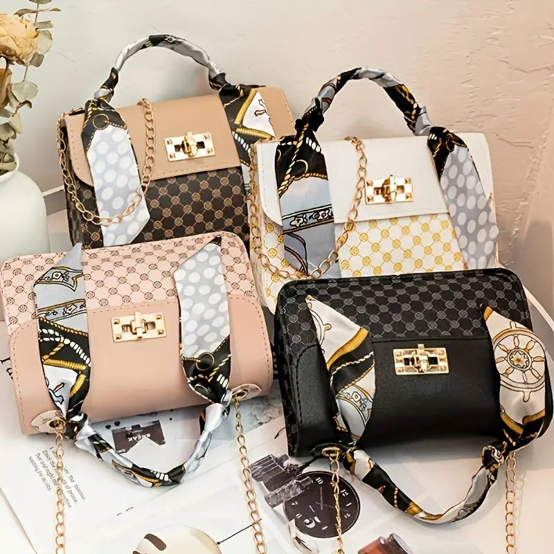 $5 and Low - Geometric Pattern Handbag, Scarf Decor Crossbody Bag