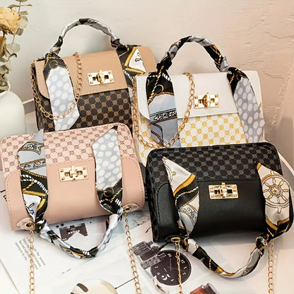 $5 and Low - Geometric Pattern Handbag, Scarf Decor Crossbody Bag