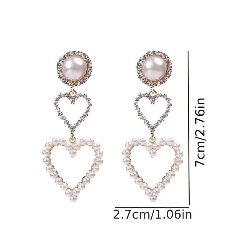 $5 and Low Jewelry and Accessories - Double Heart Inlaid Rhinestone Faux Pearl Stud Drop