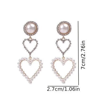 $5 and Low Jewelry and Accessories - Double Heart Inlaid Rhinestone Faux Pearl Stud Drop