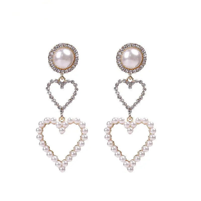 $5 and Low Jewelry and Accessories - Double Heart Inlaid Rhinestone Faux Pearl Stud Drop