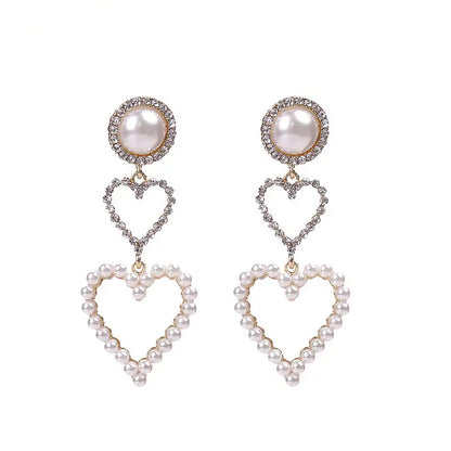 $5 and Low Jewelry and Accessories - Double Heart Inlaid Rhinestone Faux Pearl Stud Drop