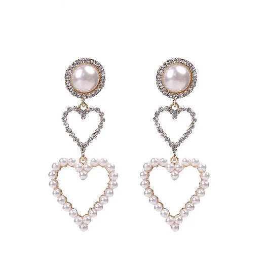 $5 and Low Jewelry and Accessories - Double Heart Inlaid Rhinestone Faux Pearl Stud Drop