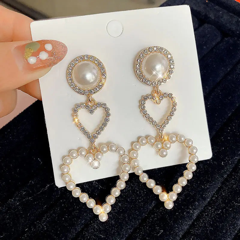 $5 and Low Jewelry and Accessories - Double Heart Inlaid Rhinestone Faux Pearl Stud Drop