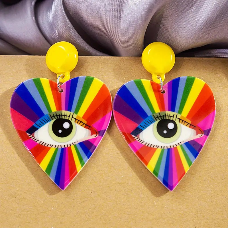 $5 and Low -  Heart Shape Rainbow Color Eye Pattern Dangle Earrings
