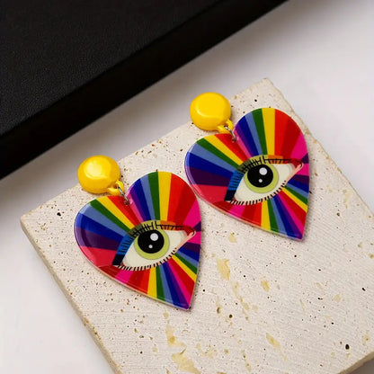 $5 and Low -  Heart Shape Rainbow Color Eye Pattern Dangle Earrings