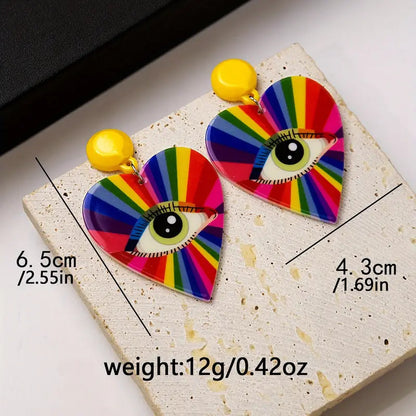 $5 and Low -  Heart Shape Rainbow Color Eye Pattern Dangle Earrings