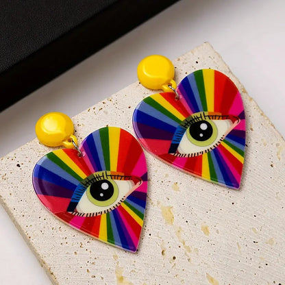 $5 and Low -  Heart Shape Rainbow Color Eye Pattern Dangle Earrings