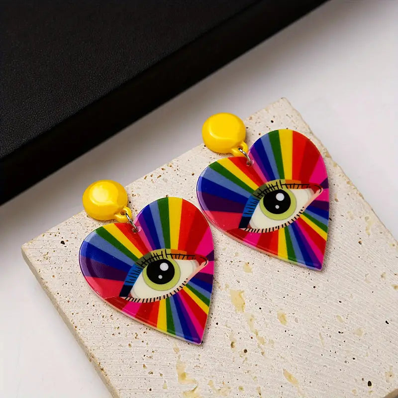 $5 and Low -  Heart Shape Rainbow Color Eye Pattern Dangle Earrings