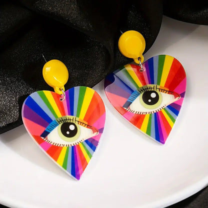 $5 and Low -  Heart Shape Rainbow Color Eye Pattern Dangle Earrings