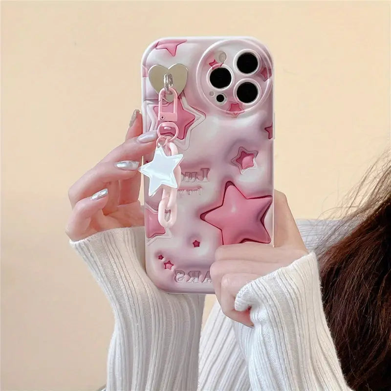 $5  and Low - Pink Star Love Heart 3D Pendant Keychain Soft Phone Case